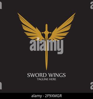 Schwert mit Flügeln. Goldenes Schwert Symbol auf schwarzem Hintergrund. Stock Vektor