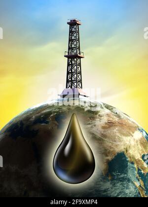 Konzeptionelles Bild mit einem Derrick-Turm, der die Erde nach Öl bohrt. Digitale Illustration. Stockfoto