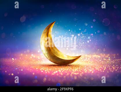 Ramadan Kareem - Mond Auf Glänzendem Glitzer Mit Abstraktem Unschärfe-Muster Leuchtet Stockfoto