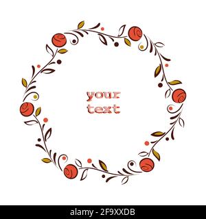 Sechseck-Volkskranz, handgezeichnete Pinsellinie Ast, Beere, Blätter, blühen. Niedliche Rahmenillustration für Web-Grußkarten, Einladungen, Drucke Stock Vektor
