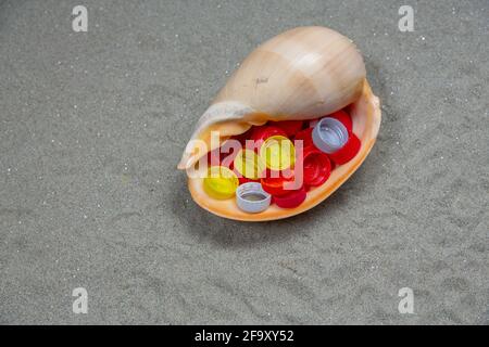 Seashell mit Plastikflaschen-Stopfen Stockfoto