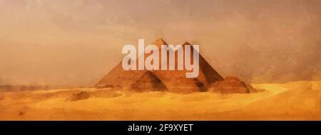 Pyramiden von Gizeh in der sandigen Wüste. Großer Panoramablick. Künstlerische Arbeit zum Thema antike Architektur Stockfoto
