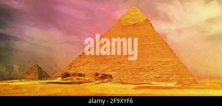Pyramiden von Gizeh in der sandigen Wüste. Großer Panoramablick. Künstlerische Arbeit Stockfoto