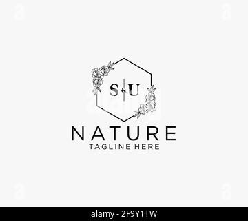 SU Letters Botanical Feminine Logo Vorlage floral, editierbar vorgefertigte Monoline Logo geeignet, Luxus feminine Hochzeit Branding, Corporate. Stock Vektor