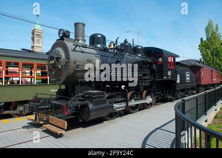 Dampflokomotive Boston & Maine B&M No. 410 0-6-0 ausgestellt im National Streetcar Museum auf der Dutton Street in Downtown Lowell, Massachusetts, MA, USA. Stockfoto