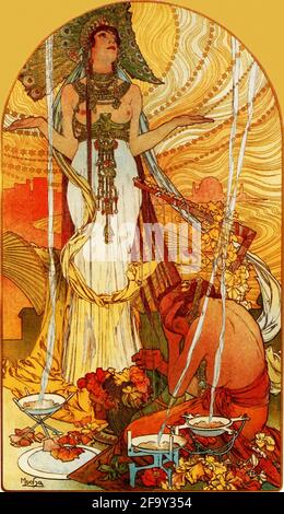 Vintage Alphonse Mucha Art Nouveau Malerei Kunstwerk Stockfoto