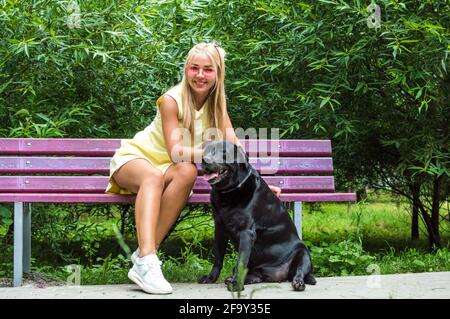 Eine junge Frau sitzt auf einer Bank in einem Sommerpark Mit ihrem großen schwarzen Hund Stockfoto
