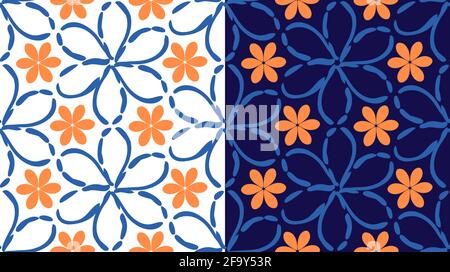Florale geometrische nahtlose Muster, Doodle-Stil, einfache Blumenformen, orange Farbe. Blauer, weißer Hintergrund. Vektor Stock Vektor