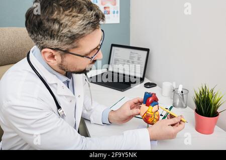 Behandlung von Herzerkrankungen. Reifer Kardiologe, der ein medizinisches anatomisches Modell eines menschlichen Herzens für die Vorführung und den Unterricht in der Klinik verwendet Stockfoto