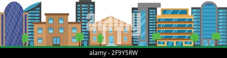 Panoramablick auf Stadtgebäude isoliert auf weißem Flachvektor Design Stock Vektor