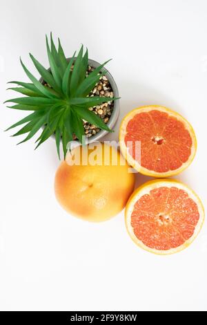Zwei Hälften Grapefruit und eine ganze Grapefruit mit Verzierung. Gesund und lecker. Stockfoto