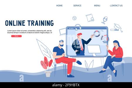 Banner für Online-Videotrainings oder Konferenzwebsite. Fernunterricht oder -Kommunikation, Cartoon-Vektordarstellung. Online-Business-Training und Dista Stock Vektor