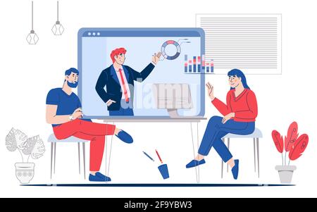Online-Videotraining oder Konferenzszene mit Menschen Zeichentrickfiguren, Vektorgrafik. Online-Schulungen für Unternehmen und Fernschulungen. E-lear Stock Vektor