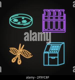Genom-Sequenzierung Konzept Neon-Symbole gesetzt. Vektorgrafik. Stock Vektor