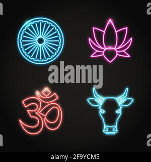 Indische Ikonen im leuchtenden Neon-Stil. Traditionelle Symbole wie Ashoka Chakra-Rad, Lotusblume, om-Symbol und Kuhkopf. Vektorgrafik. Stock Vektor