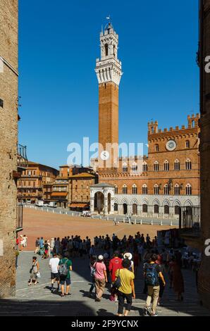 Siena, Provinz Siena, Toskana, Italien. Der Palazzo Pubblico mit dem Torre de Mangia gegenüber der Piazza del Campo. Stockfoto