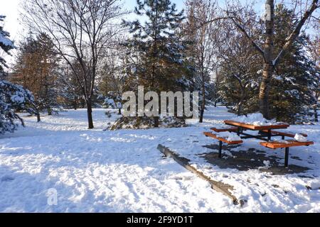 Gehweg zu Tisch und Bänken im Schnee Stockfoto