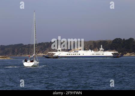 Segelyacht nähert sich dem Eingang zum Hafen von Poole mit dem Kettenfähre über den Eingang Stockfoto