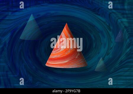 Gestreifte orange futuristische Kegelformen schweben in einem abstrakten Wirbel Spiralförmige Hintergrundkopie Stockfoto