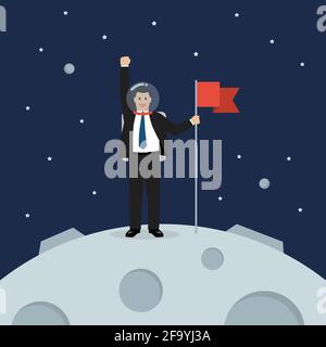 Geschäftsmann Astronaut Landung auf Mond Holding Flagge. Stern und Planeten auf Galaxie Hintergrund. Vektorgrafik im flachen Stil Stock Vektor