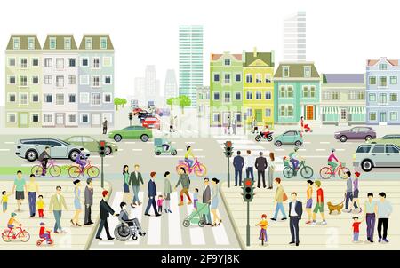 Stadtlandschaft mit Straßenverkehr und Fußgängern, Illustration Stock Vektor