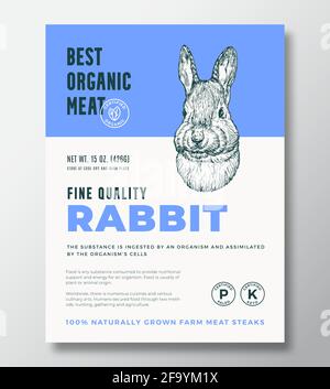 Best Organic Meat Abstract Vector Packaging Design oder Label Template. Banner „Farmangewachsene Steaks“. Moderne Typografie und handgezeichneter Kaninchenkopf Stock Vektor