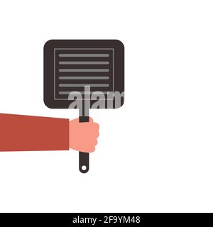 Hand mit einer Bratpfanne, Vektorgrafik auf weißem Hintergrund. Stock Vektor