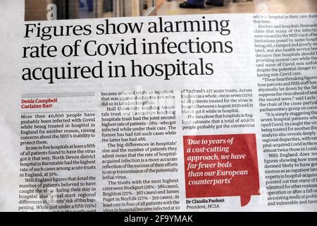 „Zahlen zeigen eine alarmierende Rate von Covid-Infektionen, die in Krankenhäusern erworben wurden“ Headline-Artikel der Covid-Zeitung in Guardian am 26. März 2021 London, England, Großbritannien Stockfoto