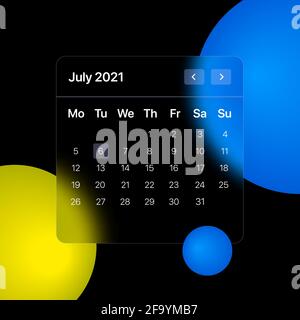 Glassmorhismus Kalendervorlage. UI, UX, GUI-Layout für mobile und Web-Anwendungen. Glasmorphismus Konzept Design. Vektorgrafik Stock Vektor