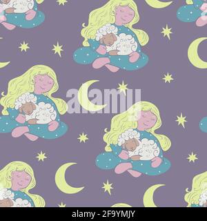 Vektor nahtlose Muster mit sitzenden Mädchen hält Lamm mit Mond und Sterne auf dem Hintergrund. Design für den Einsatz in der Kleidung oder im Textil. Stock Vektor