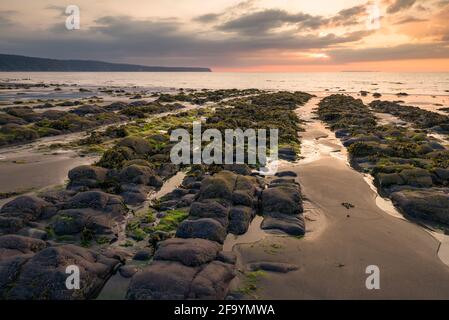 Peppercombe Beach bei Sonnenuntergang an der Küste von North Devon mit Hartland Point in der Ferne, England. Stockfoto