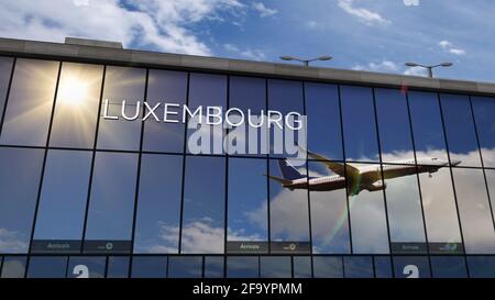 Jet-Flugzeuge landen in Luxemburg 3D Rendering Illustration. Ankunft in der Stadt mit dem Flughafen-Terminal aus Glas und Reflexion des Flugzeugs. Reisen, Stockfoto