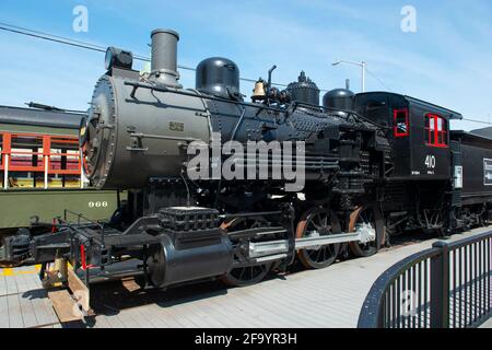 Dampflokomotive Boston & Maine B&M No. 410 0-6-0 ausgestellt im National Streetcar Museum auf der Dutton Street in Downtown Lowell, Massachusetts, MA, USA. Stockfoto