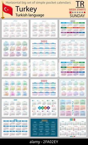Türkische Horizontale großer Satz Taschenkalender für 2022 (zweitausend zweiundzwanzig). Die Woche beginnt am Sonntag. Neues Jahr. Farbe einfaches Design. Vektor Stock Vektor