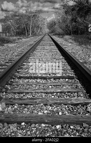 Schwarz-Weiß-Fotografie von Eisenbahnschienen, die in den fernen wolkenbedeckten Himmel verschwinden. Gefunden auf den Nebenstraßen von Texas im Hill Country. Stockfoto