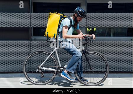 Junger bärtiger Kurier, der Essen auf einem Fahrrad liefert und die Bestellung mit einem Smartphone überprüft Stockfoto