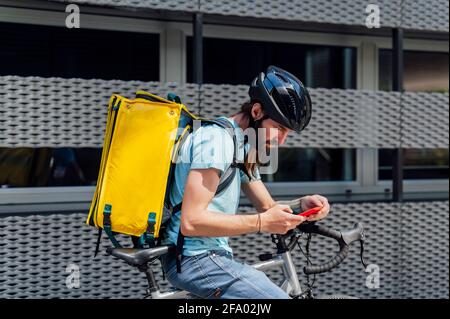 Junger bärtiger Kurier, der Essen auf einem Fahrrad liefert und die Bestellung mit einem Smartphone überprüft Stockfoto