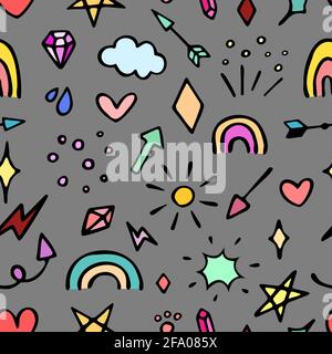 Vektor nahtlose bunte Muster mit verschiedenen Sternen, funkelt, Pfeile, Herzen, Diamanten, Zeichen und Symbole. Handgezeichnet, Doodle-Stil. Design für Wal Stockfoto