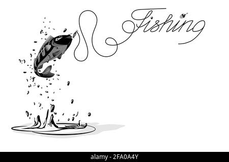 Fische, die mit Spritzern und Wassertropfen am Haken gefangen werden. Die Inschrift Angeln. Flussbarsch, Angeln fangen. Schwarzweiß-Vektor-Illustrationen Stock Vektor
