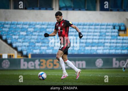 LONDON, GROSSBRITANNIEN. 21. APRIL Dominic Solanke vom AFC Bournemouth erzielt am Mittwoch, 21. April 2021, das vierte Tor beim Sky Bet Championship-Spiel zwischen Millwall und Bournemouth in Den, London. (Quelle: Tom West) Quelle: MI News & Sport /Alamy Live News Stockfoto