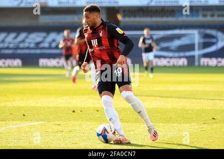 London, Großbritannien. April 2021. Arnaut Danjuma aus Bournemouth in Aktion während des Spiels. EFL Skybet Championship match, Millwall gegen AFC Bournemouth im The Den in London am Mittwoch, den 21. April 2021. Dieses Bild darf nur für redaktionelle Zwecke verwendet werden. Nur zur redaktionellen Verwendung, Lizenz für kommerzielle Nutzung erforderlich. Keine Verwendung bei Wetten, Spielen oder Veröffentlichungen in einem Club/einer Liga/einem Spieler. PIC von Steffan Bowen/Andrew Orchard Sports Photography/Alamy Live News Credit: Andrew Orchard Sports Photography/Alamy Live News Stockfoto