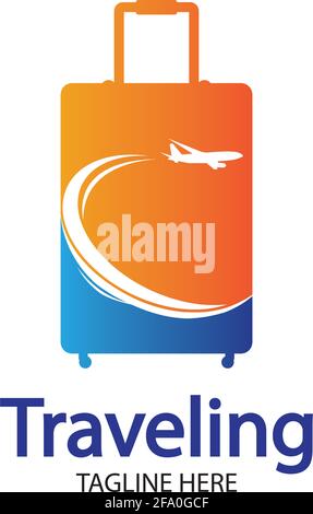 Reise-Logo, Urlaub, Tourismus, Geschäftsreise Firmenlogo-Design. Tasche Vektor mit Flugzeug Stock Vektor