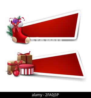 Vorlage für Weihnachtsrabatt, rote Vorlagen mit Geschenken und Weihnachtsstrümpfe mit Geschenken im Inneren Stockfoto