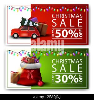 Weihnachtsverkauf, zwei Discount-Banner mit Weihnachtsmann-Tasche und rotem Oldtimer mit Weihnachtsbaum Stockfoto