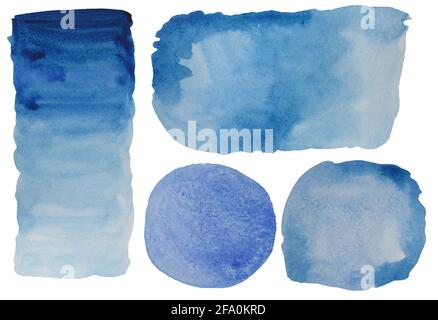 Legen Sie blaue Aquarellflecken fest. Aquarell. Glatter Übergang von nasser Farbe und Übergang mit Pinselstrichen, rund und rechteckig. Aquarelltextur Stockfoto