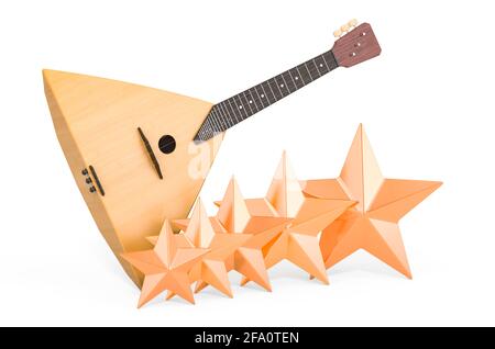 Bewertung des Balalaika-Konzepts. Balalaika mit fünf goldenen Sternen, 3D-Rendering isoliert auf weißem Hintergrund Stockfoto