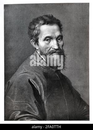 Stich nach Selbstporträt von Michelangelo Buonarroti (1475 - 1564). Radierung von Alphonse François (1814 - 1888) und veröffentlicht in 'Michael Angelo Buonarroti' von Charles Christopher Black, 1875. Stockfoto