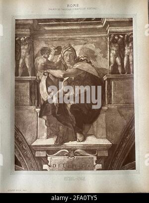 Das Delphische Sibyl, ein Detail eines Freskengemäldes an der Decke der Sixtinischen Kapelle von Michelangelo Buonarroti (1475 - 1564), Vatikan, Vatikanstadt, 1869. Fotografie von Adolphe Braun (1812-1877). Stockfoto