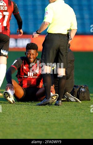 London, Großbritannien. April 2021. Jefferson Lerma vom AFC Bournemouth während des Spiels der EFL Sky Bet Championship zwischen Millwall und Bournemouth am 21. April 2021 in Den, London, England. Foto von Carlton Myrie. Nur zur redaktionellen Verwendung, Lizenz für kommerzielle Nutzung erforderlich. Keine Verwendung bei Wetten, Spielen oder Veröffentlichungen einzelner Clubs/Vereine/Spieler. Kredit: UK Sports Pics Ltd/Alamy Live Nachrichten Stockfoto