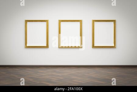 Leere Leinwand mit goldenem Rahmen in der Ausstellungshalle der Galerie 3d Darstellung rendern Stockfoto